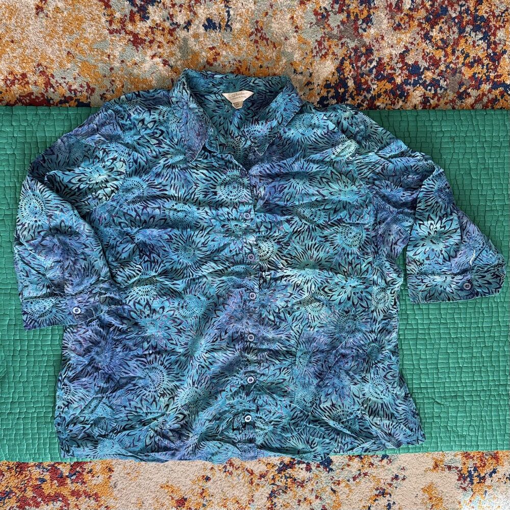 NEW CJ Banks 2X Blue Abstract Batik Print 100% Cotton Button Up Shirt Blouse Y2K